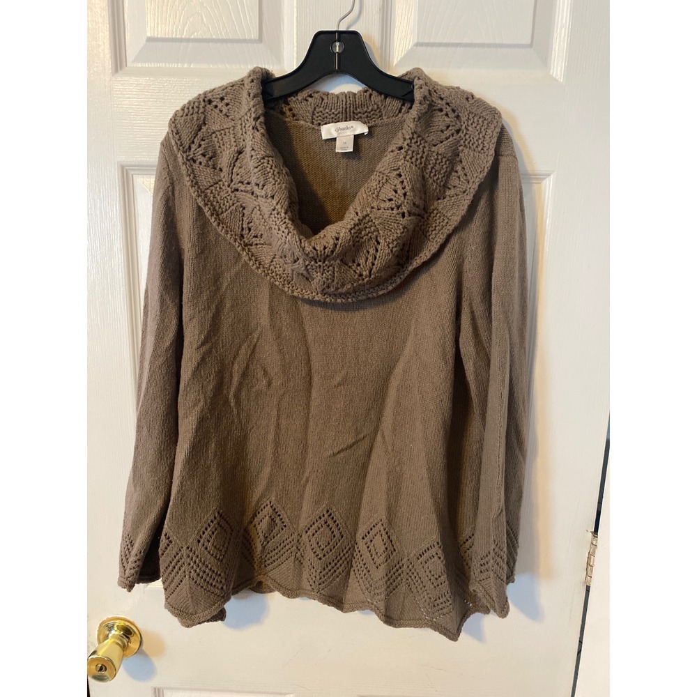 CJ Banks Brown Cowl Neck Pointelle Knit Scalloped Hem Sweater 1X Plus Size